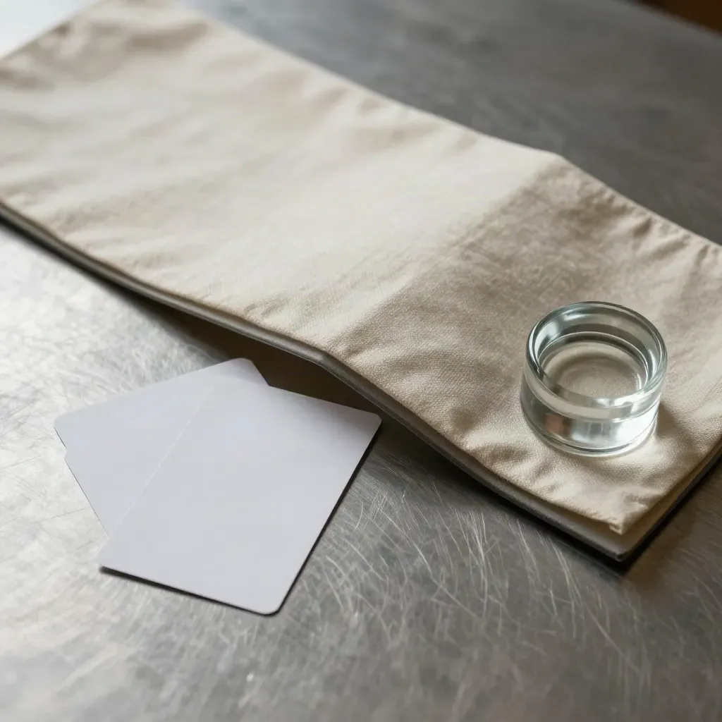 Cream fabric reveals a survey board with frosted cards and a glass weight, shot from above.
