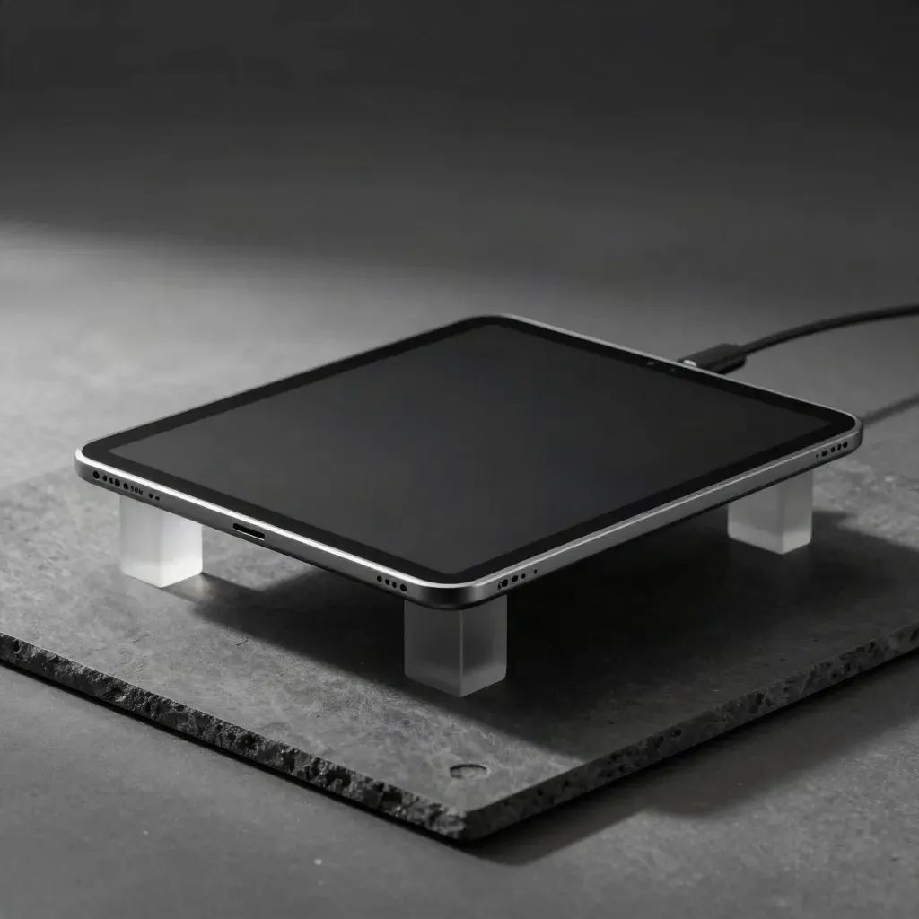 Graphite analytics tablet with translucent stands and cable loop on charcoal, lit from above.