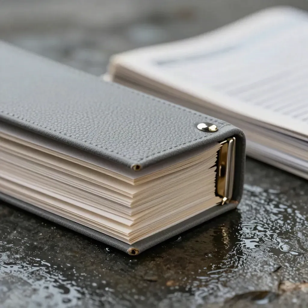 Macro report pack on wet slate with steel clip, tabbed dividers and rain mist.
