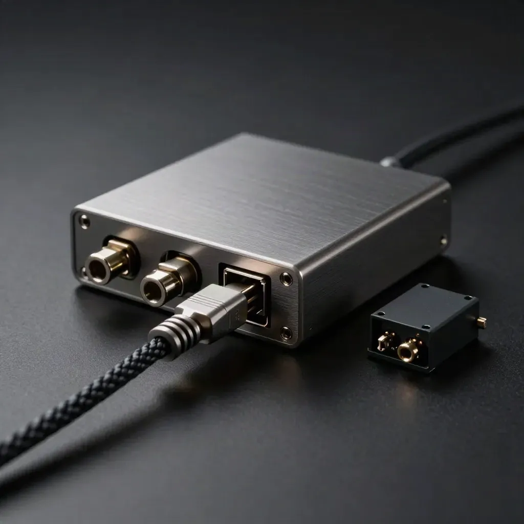 Brushed metal API gateway block with braided cable and adapter pieces on a matte-black surface.