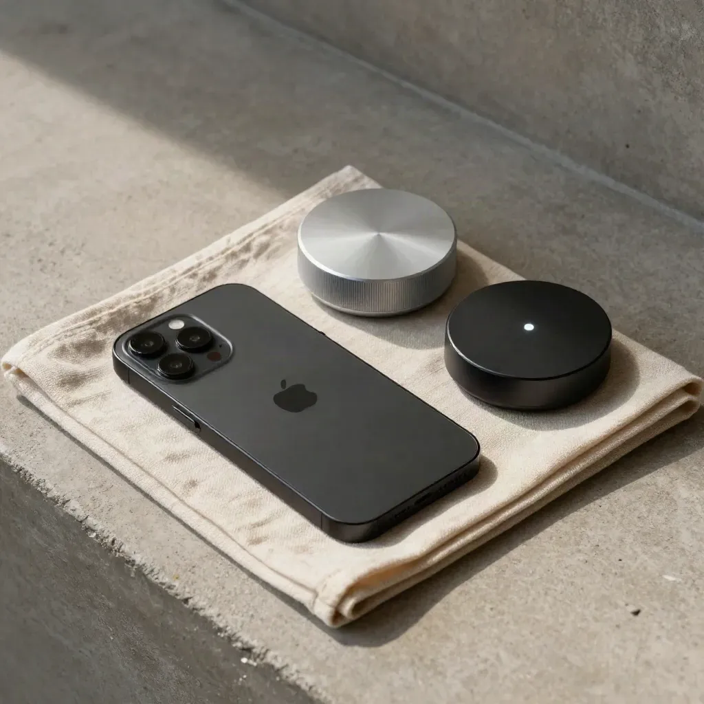 Overhead flatlay of a vibrating phone, smart speaker puck and alert module on linen and concrete.