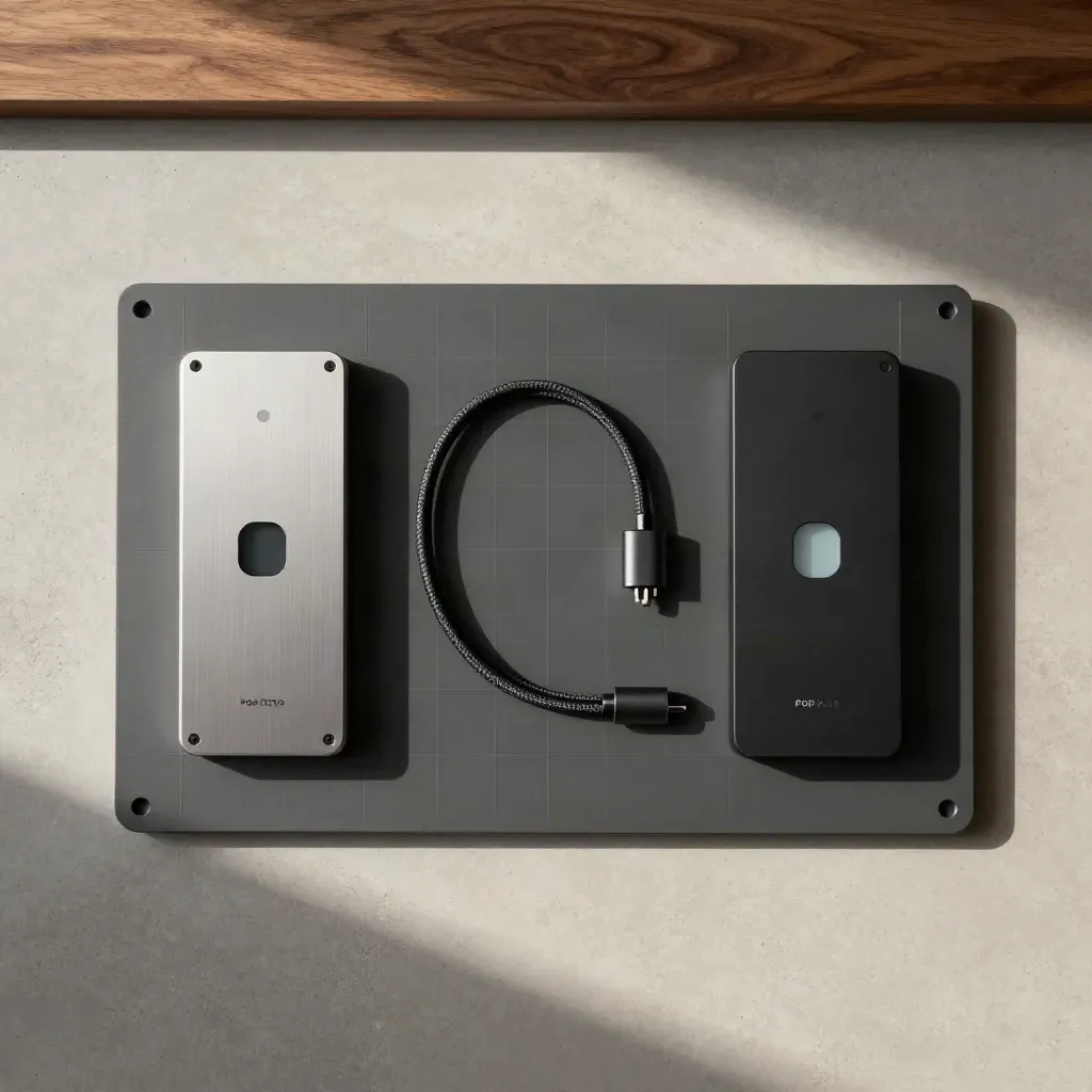 Overhead flatlay of a charcoal data board with two modules and a looping cable on concrete.