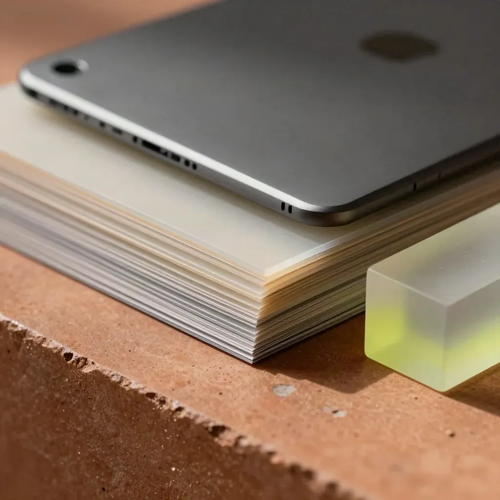Macro stack of translucent summary cards, slim tablet and frosted block on terracotta stone.