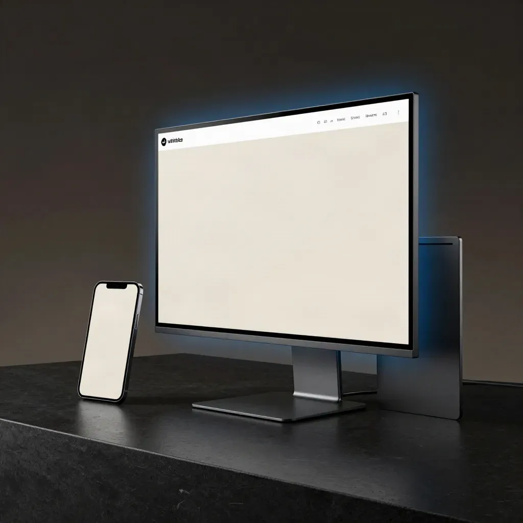 Monitor, tablet, phone and presentation panel in a dark studio with blue rim light