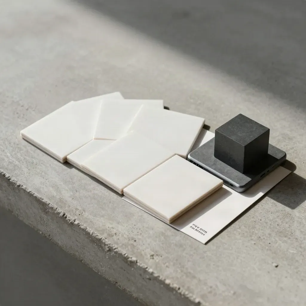 Overhead flatlay of five alert tiles, tiny phone and relay cube on concrete-grey stone.