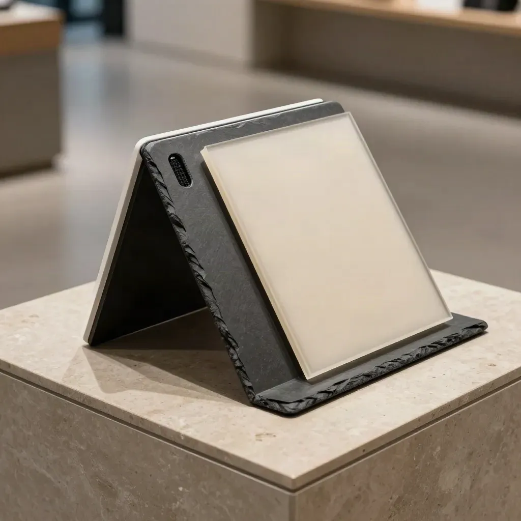 Retail sales board with tablet, scanner block and content tiles on a steel edge in cool haze.