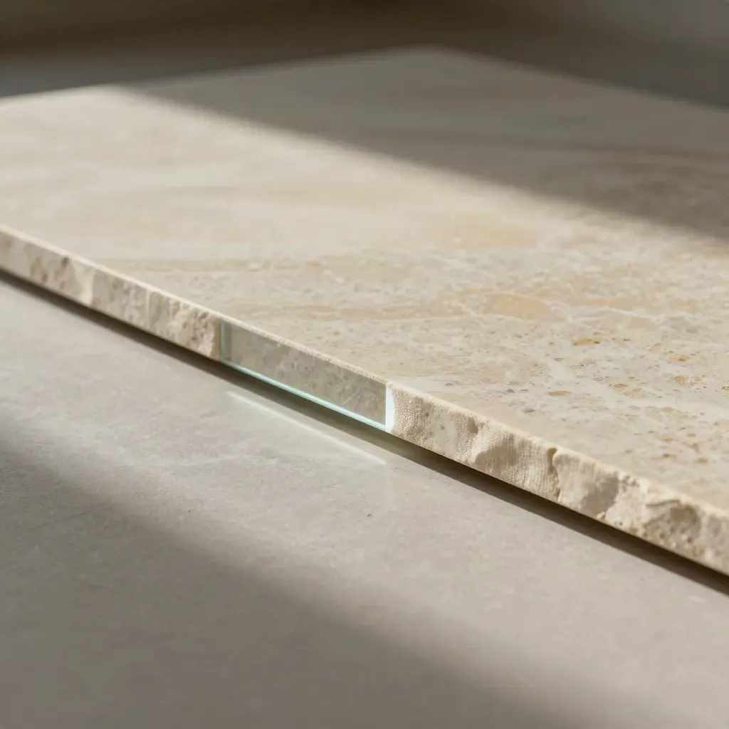 Travertine slab with cream linen and glass shadow, lit by a warm seam of light.